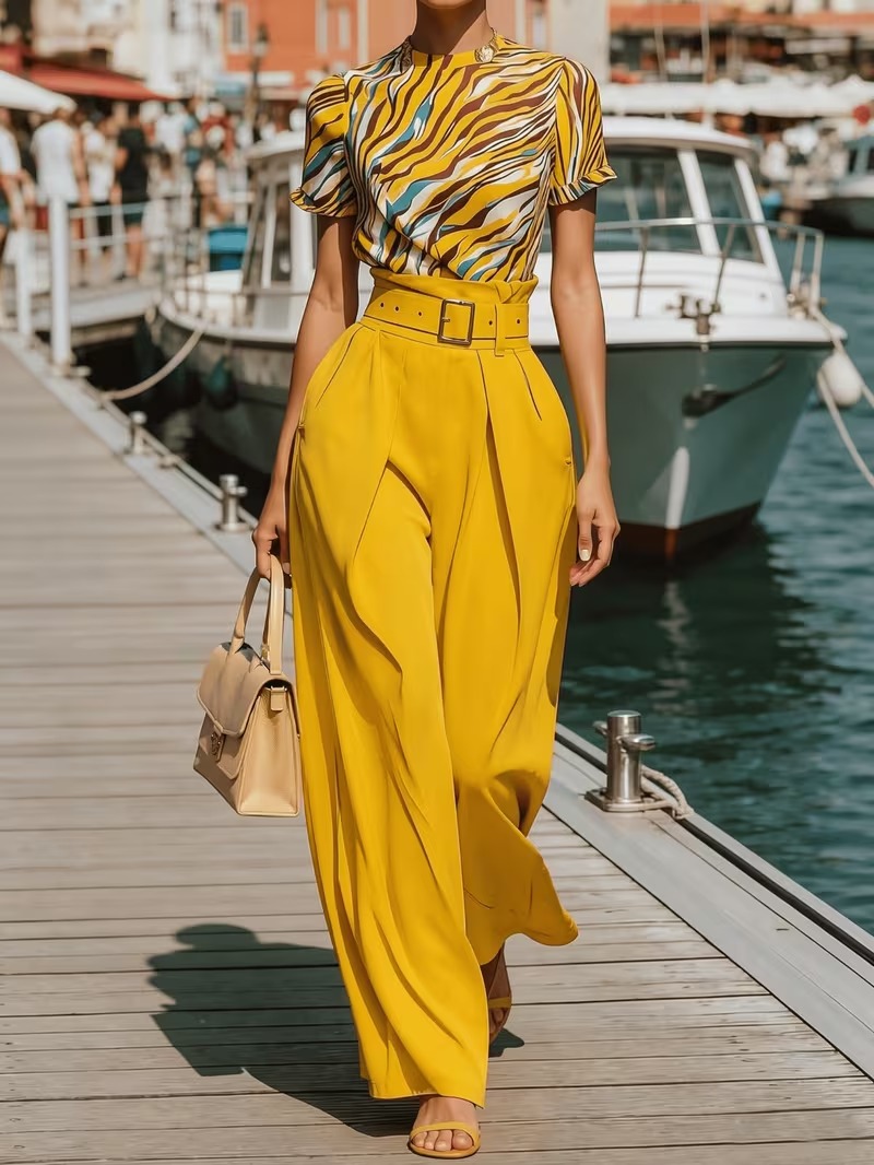 Women’s Printed Top & High-Waisted Wide-Leg Trouser Set
