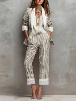 Women’s Striped Blazer & Straight-Leg Trousers Suit Set