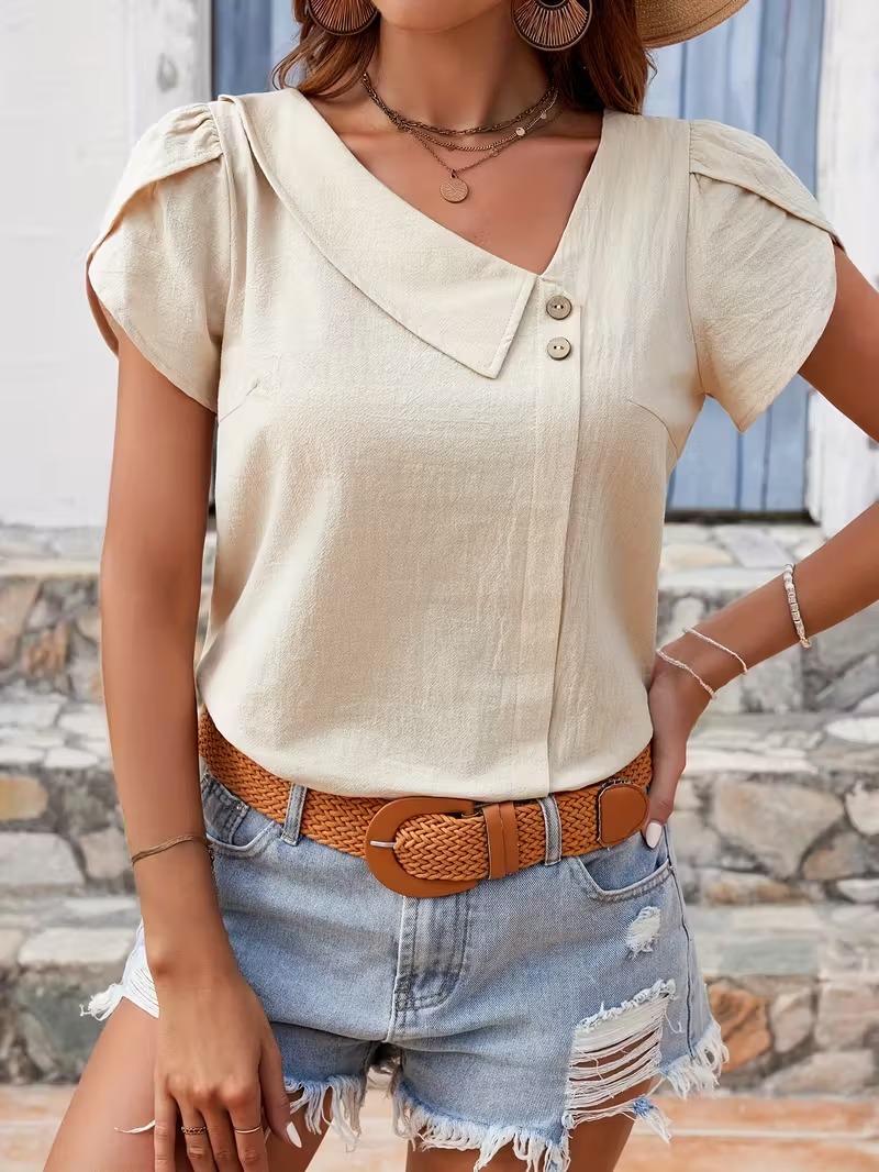 Women’s Asymmetrical Collar Short Sleeve Blouse